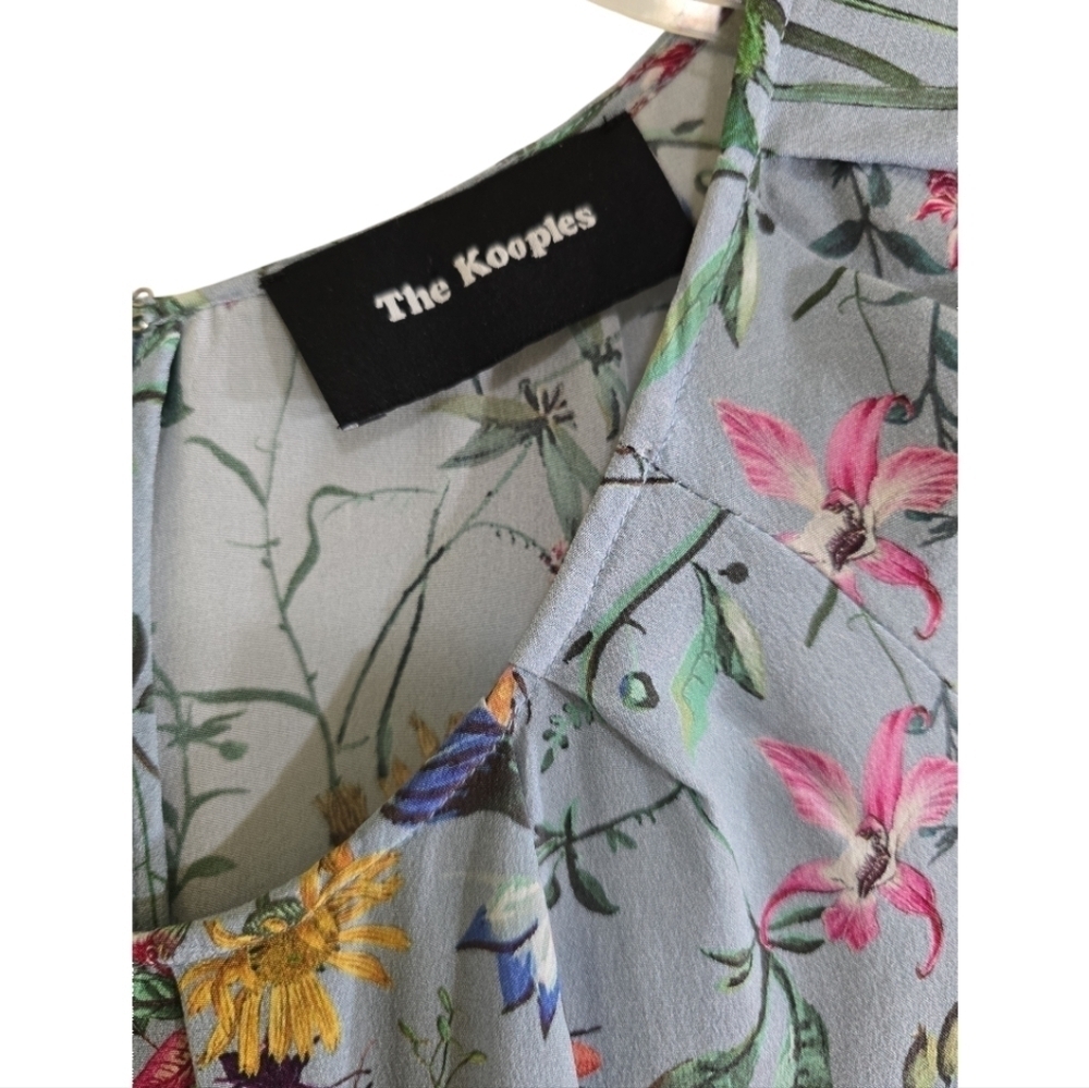 The Kooples Silk Folkloric Print Midi Dress XS Light Blue Floral Pleated Skirt - Picture 5 of 12
